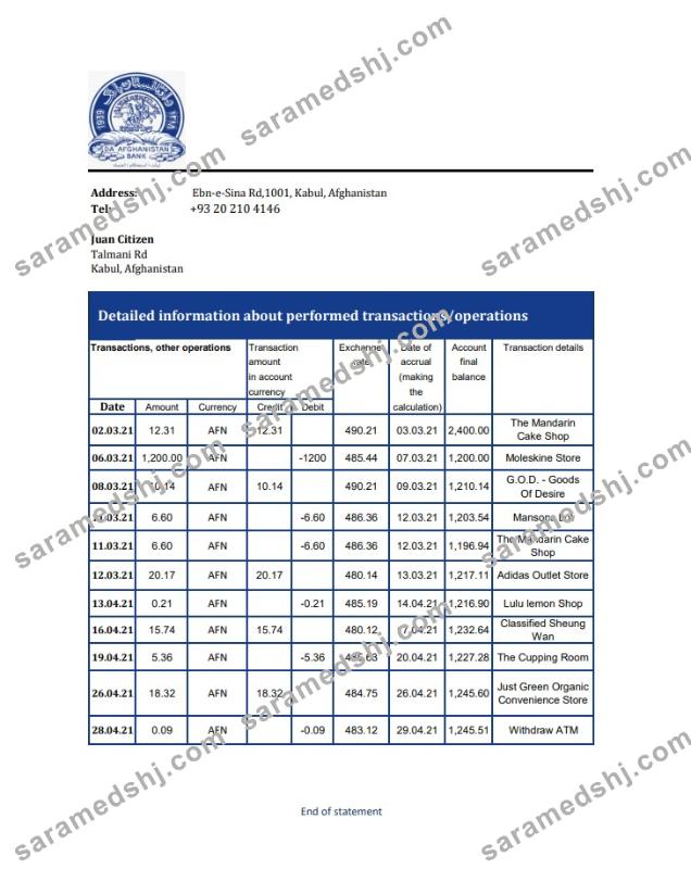 Afghanistan Da Afghanistan bank statement template in Excel an PDF format